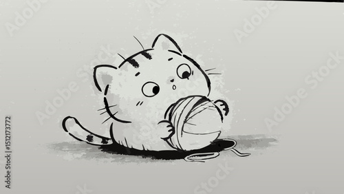 Cute cartoon kitten playing with a ball of yarn on a flat surface  