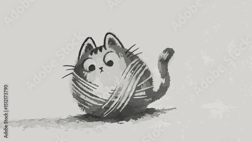 Cartoon cat tangled in yarn ball with playful expression  