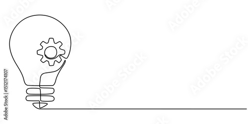 Continuous one single line drawing innovation Light bulb and gears inside icon vector illustration concept, One single line drawing of lightbulb with metal gear wheel inside for machine company logo.