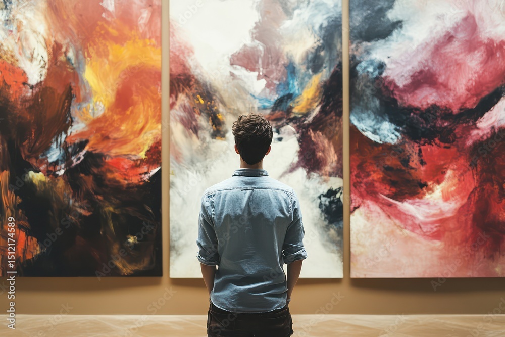 Man appreciating abstract art in gallery Man appreciating abstract art in gallery