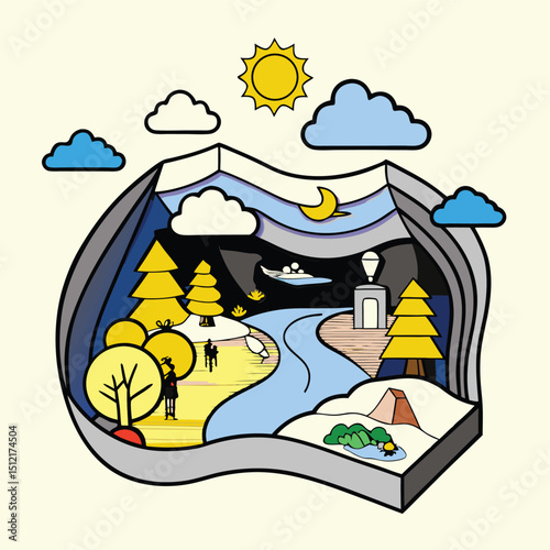 Funny cartoon boy on a pirate ship with a treasure chest, designed as a vector illustration for a fun day at sea