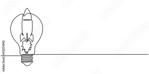 Launching a Light Bulb in one line drawing style. Smart startup project concept. Editable stroke. Vector illustration, Single continuous line drawing of smart bright light bulb take off flying.
