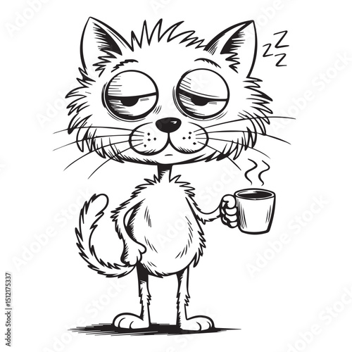 A cute cartoon vector illustration depicts a funny black and white feline kitty 