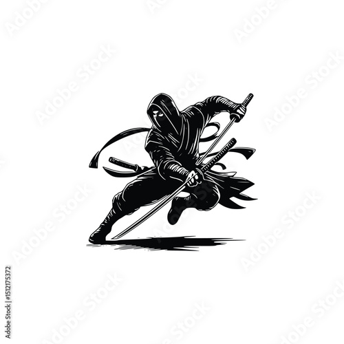 Ninja warrior in action with swords, isolated on white background. Silhouette Art
