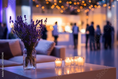 Corporate event reception with blurred attendees photo