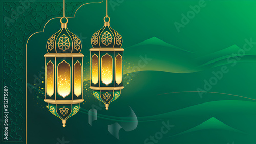 Elegant Green and Gold Islamic Lanterns with Intricate Details for Ramadan and Eid Celebrations on a Decorative Background