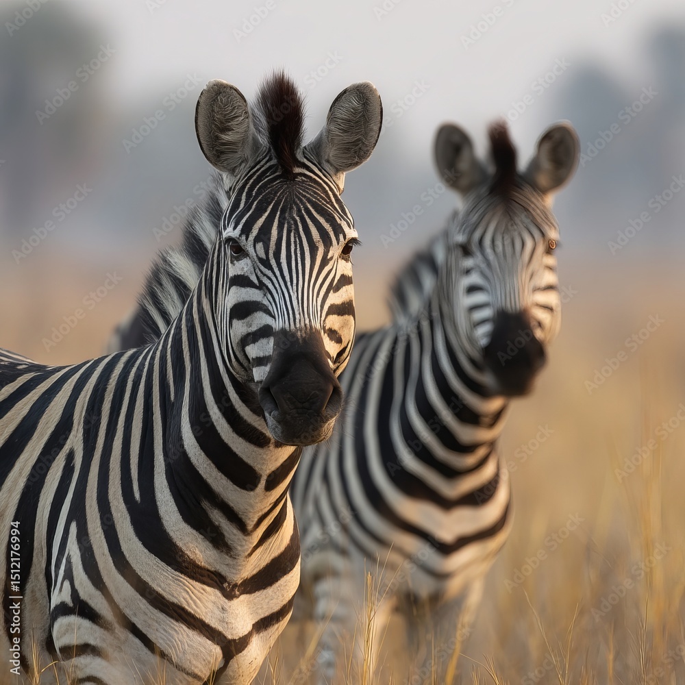 Fototapeta premium Two zebras standing in a field, with striking black and white stripes and looking directly at the camera. The image showcases the beauty of wildlife in its natural habitat