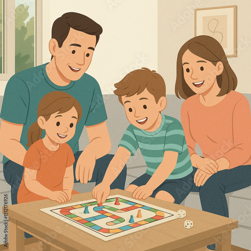 Dad and mom play board game with kids. Retro style
