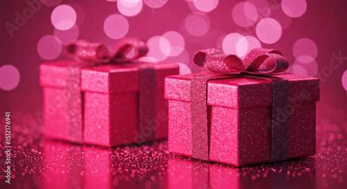 Two pink glittery gift boxes with bows and ribbons on a sparkling surface with a bokeh background