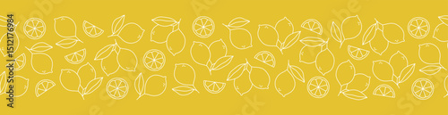 Lemon seamless border. White outline whole lemons, slices, and leaves on yellow background. Vector illustration