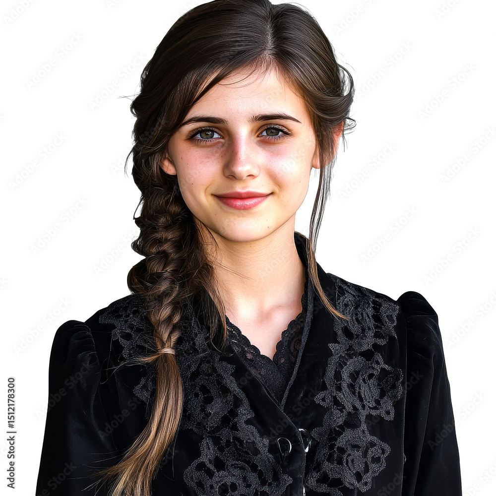 Young Woman with Braid and Velvet Gown, Cut Out Transparent