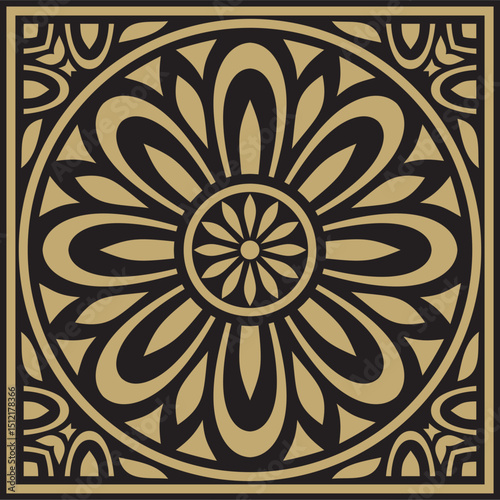 Classic Greek black and gold square ornament. Vector pattern, ancient Hellenic rectangle. European border.
