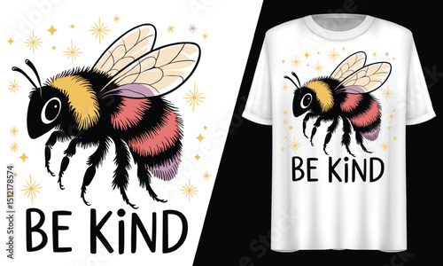 Beautiful Bee with Delicate Colored Wings, Be Kind Bee, T-Shirt Design.