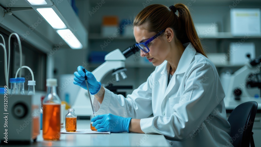 Fototapeta premium A scientist in a laboratory uses a pipette to measure liquid, surrounded by microscopes and glassware, concentrating on her research