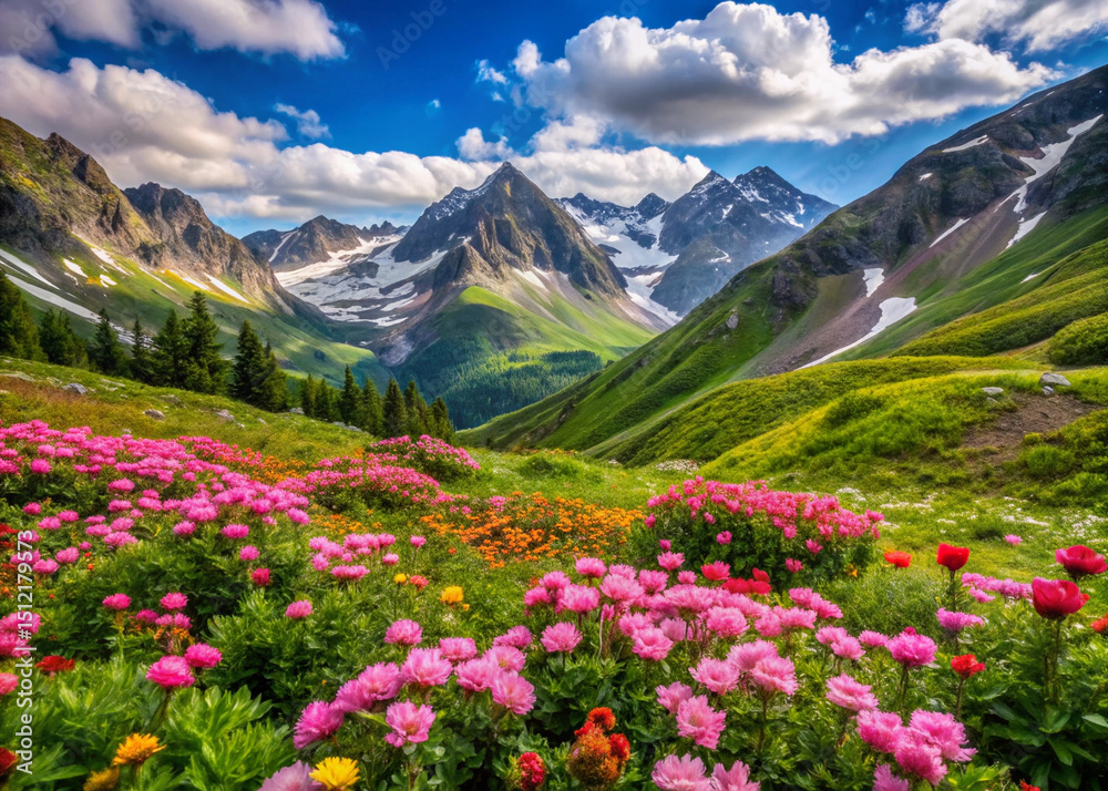 Fototapeta premium high-altitude meadow filled with pink dwarf roses and alpine wildflowers, realistic terrain detail generative ai