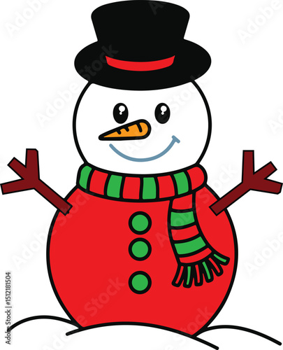 Whimsical Christmas snowman with a broom, red hat, and scarf, a festive winter illustration