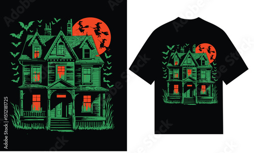 Spooky halloween house witches bats moon night