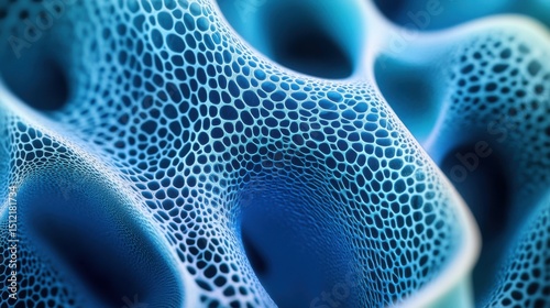 Intricate blue cellular structure showcasing patterns and textures in close-up detail from a microscopic perspective