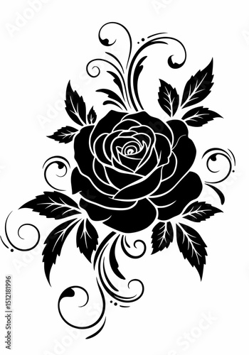 A vintage black and white rose vector illustration with a seamless floral design pattern