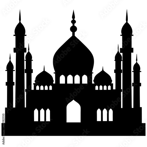 mosque and minaret, silhouette, on a white background.