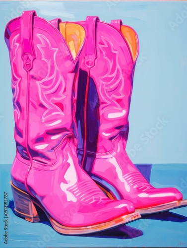 Bright pink cowboy boots displayed against a blue background capture the essence of Western fashion and make a striking statement in a modern setting