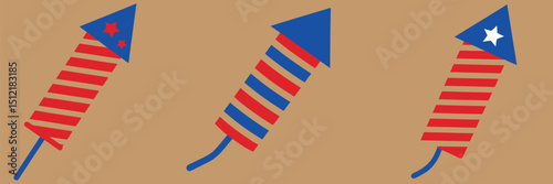 A beautifully designed vector silhouette illustration featuring vibrant red and blue firework rockets —
 perfect for 4th of July and New Year celebrations, adding a festive and patriotic flair to your