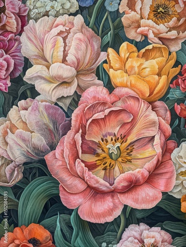 Wallpaper Mural Close up view reveals an intricate arrangement of large multi colored tulips with delicate pink and yellow petals Torontodigital.ca