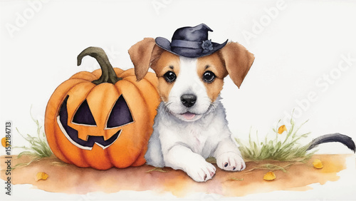Jack Russell puppy with a Halloween pumpkin sticker