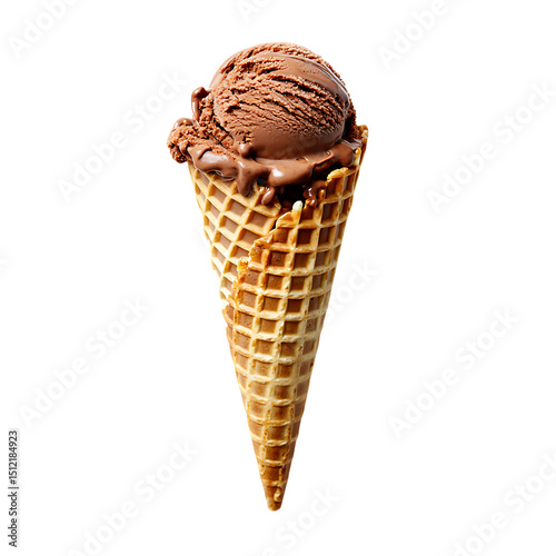Delicious Chocolate Ice Cream in Waffle Cone Isolated on White Background