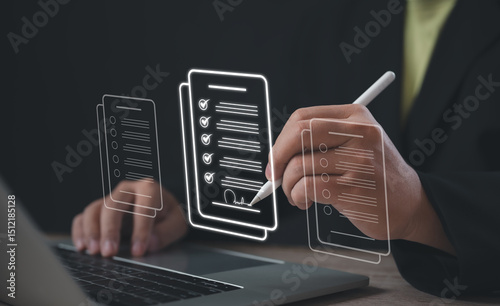 A professional uses a stylus to sign a digital checklist document on a virtual screen, representing paperless workflow, contract approval, electronic signature, and smart document processing.