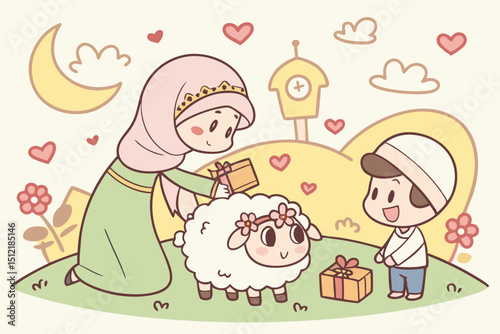 Adorable chibi art Muslim family (mother in pastel hijab, father with tiny peci, two smiling children) petting a fluffy cartoon sheep wearing a flower crown. Background Sunny meadow with mini mosque d