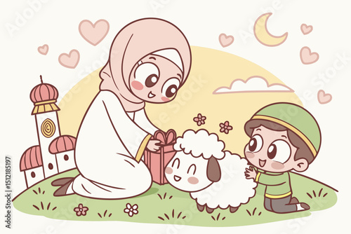 Adorable chibi art Muslim family (mother in pastel hijab, father with tiny peci, two smiling children) petting a fluffy cartoon sheep wearing a flower crown. Background Sunny meadow with mini mosque d