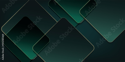 Dark green abstract background with gold lines and shadow. Geometric shape overlap layers. Transparent squares. Modern luxury rounded squares graphic pattern banner template design