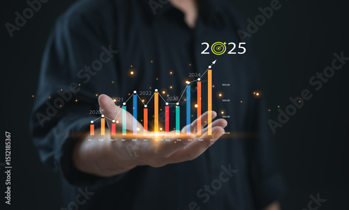 A project analyst presents a glowing bar chart floating above a hand with yearly growth from 2020 to 2025, symbolizing business success, performance tracking, and strategic planning for the future.