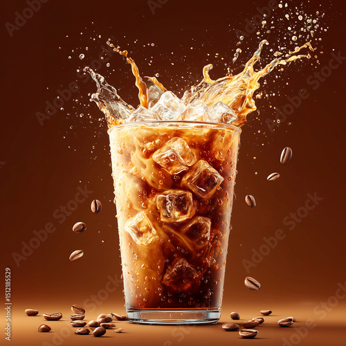 Frosted Brew: Front-View Iced Coffee Cup with Cascading Coffee Beans & Crystal Ice Cubes photo