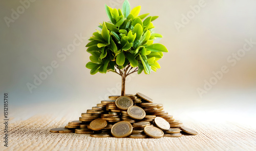 thriving tree growing pile coins concept. A small tree grows from a mound of coins, symbolizing financial growth and prosperity.