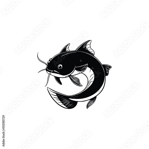 A black and white drawing of a catfish isolated on white background. Silhouette Art