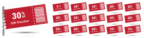 A complete set of red gift voucher coupons with barcodes, offering various percentages from 5% to 75% off, ideal for promotions, sales, and marketing campaigns.