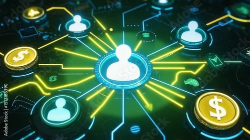 Finance Lead Generation Network: Glowing User Icons, Currency Symbols & Data Flow to Central Hub – Video Download