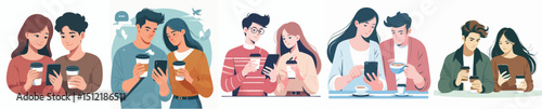 vector of a man and woman chatting while drinking coffee
