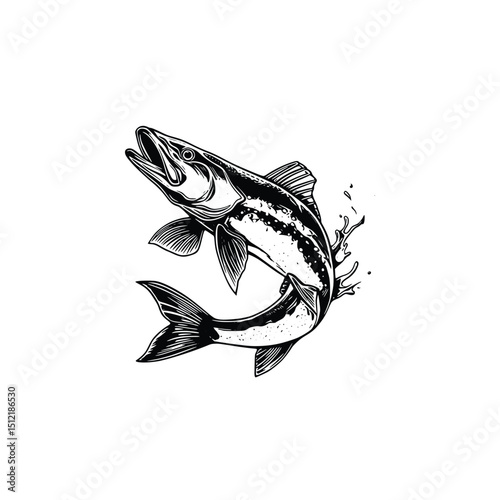 Striking fish jumping out of water isolated on white background. Silhouette Art