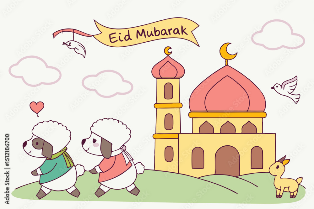 Obraz premium Cute animal procession Plump cartoon sheep, cow, and goat wearing tiny Eid scarves marching happily toward a candy-colored mosque. Birds carrying ribbons that say 'Eid Mubarak', clouds shaped like ket
