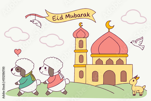 Cute animal procession Plump cartoon sheep, cow, and goat wearing tiny Eid scarves marching happily toward a candy-colored mosque. Birds carrying ribbons that say 'Eid Mubarak', clouds shaped like ket