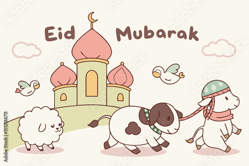 Cute animal procession Plump cartoon sheep, cow, and goat wearing tiny Eid scarves marching happily toward a candy-colored mosque. Birds carrying ribbons that say 'Eid Mubarak', clouds shaped like ket