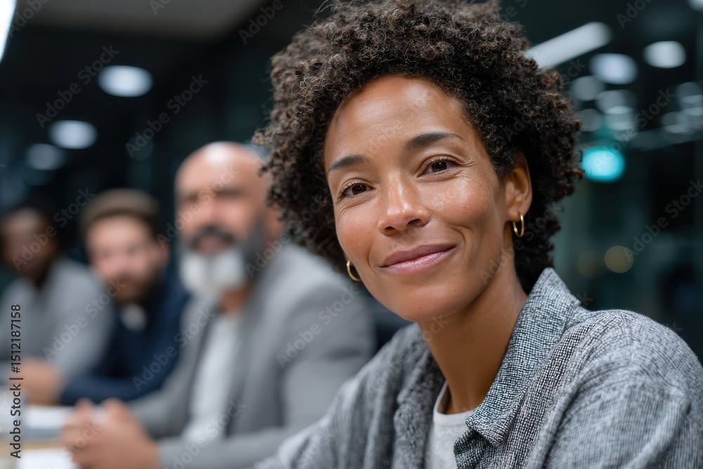 Obraz premium A confident professional woman with curly hair smiles warmly while participating in a meeting, embodying leadership, and fostering collaboration amongst colleagues in a contemporary environment.