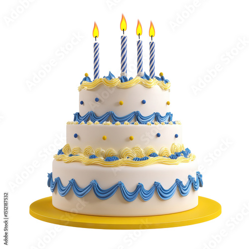 A three tiered cake with white frosting blue and yellow decorations and four lit candles on top