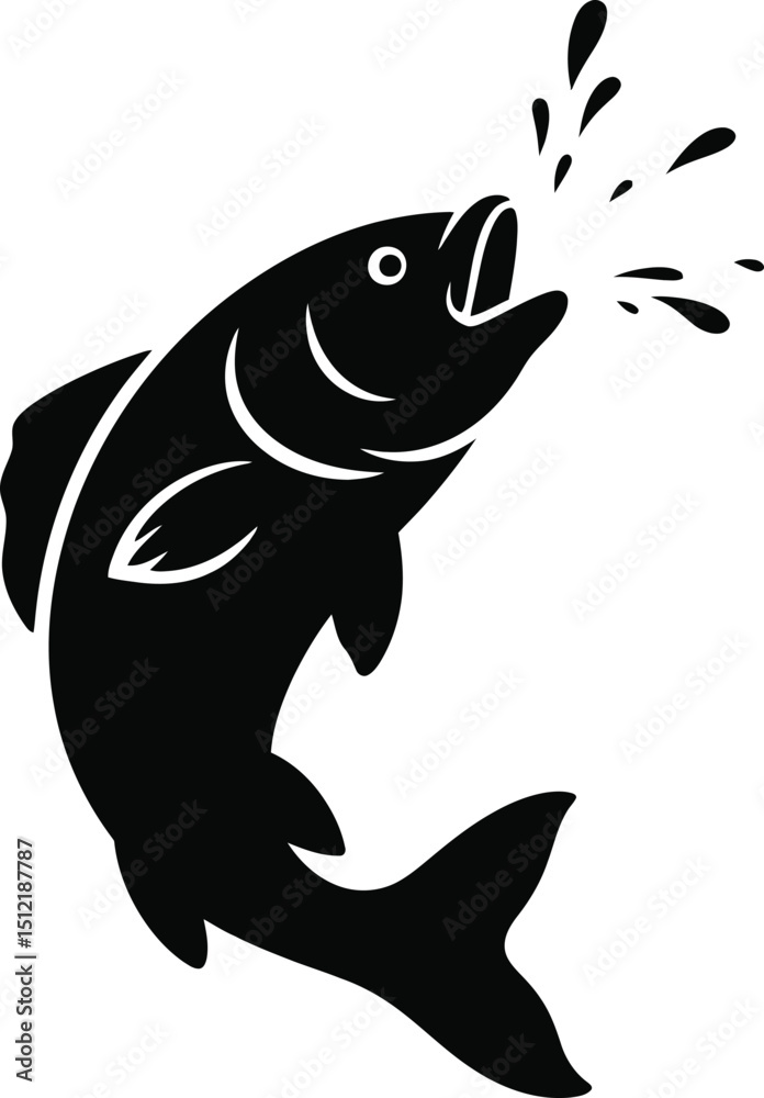 Obraz premium A black and white illustration of a fish jumping out of the water with water droplets spraying out silhouette