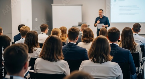 Diverse Young Adult Business Professionals Attending Corporate Training Seminar in Modern Conference Room, Listening to Speaker Giving Presentation on Leadership and Team Building Skills