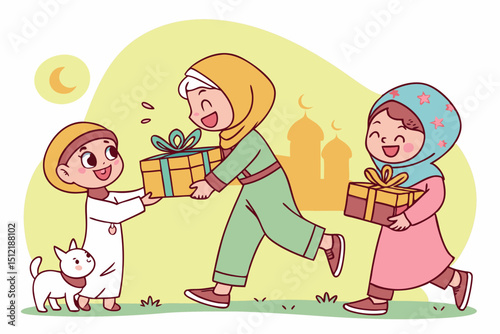 muslim kids giving gifts cartoon clip art preview