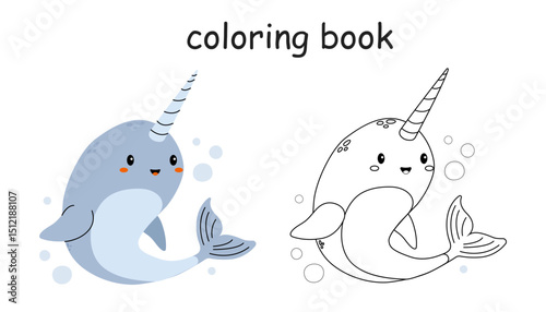 happy narwhal coloring book for kids. Wild animal coloring pages for children